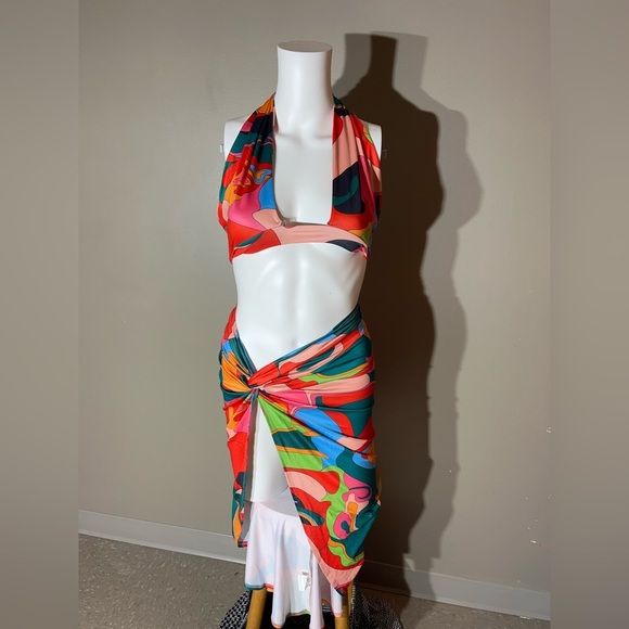 Coord Set Psychedelic Colorful Swirls 60s/70’s Style Halter Bra Top Skirt - Picture 3 of 12